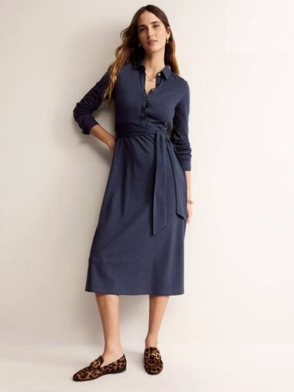 Boden Laura Jersey Long Sleeve Midi Button Front Shirt Dress Navy Blue, US 12P
